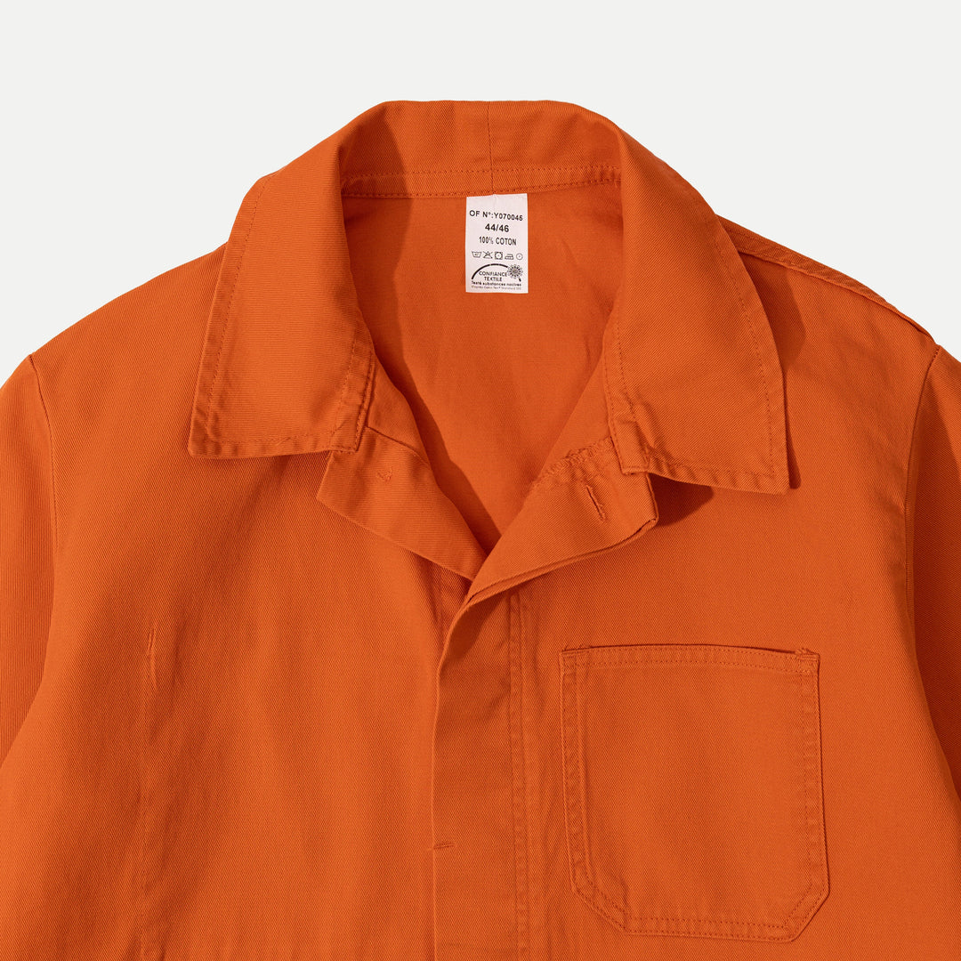 Orange utility jacket with four patch pockets