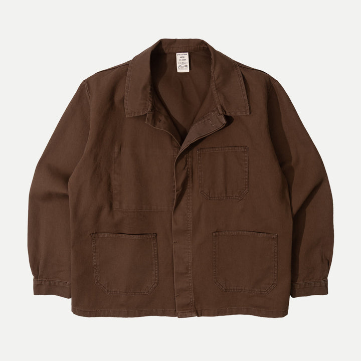 Brown utility jacket with button front and patch pockets