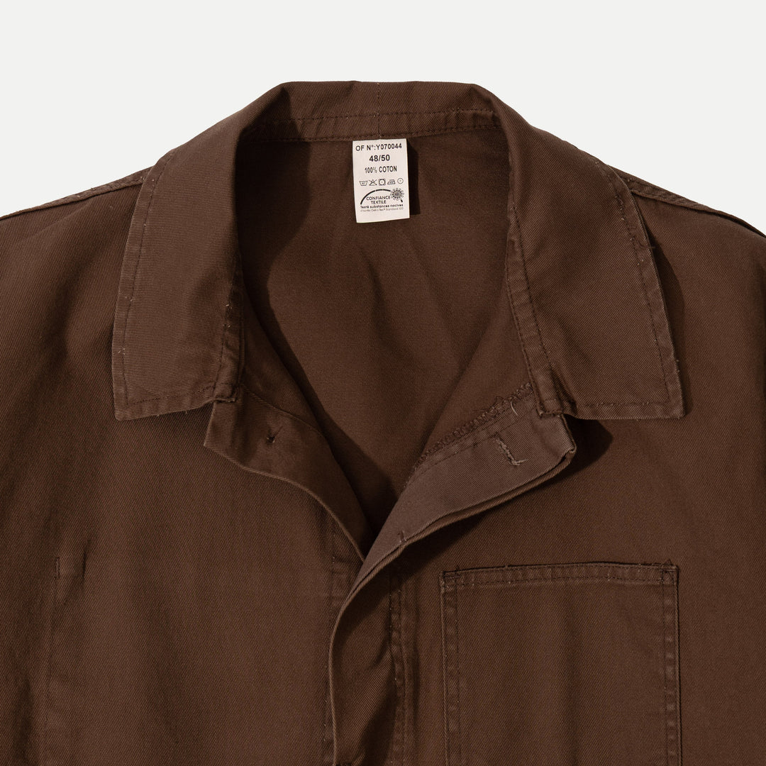 Brown utility jacket with button front and patch pockets