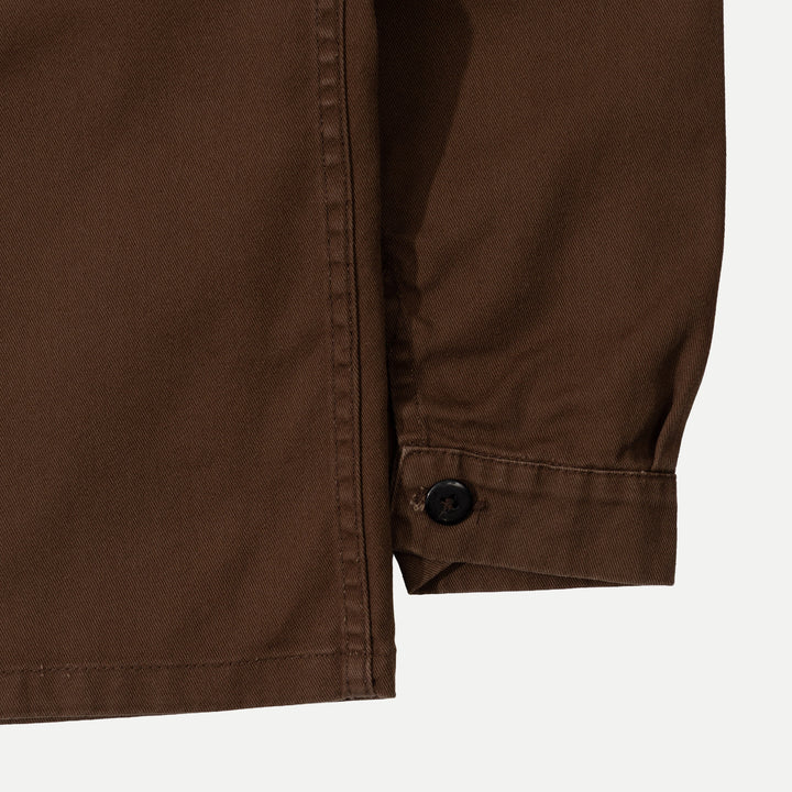 Brown utility jacket with button front and patch pockets