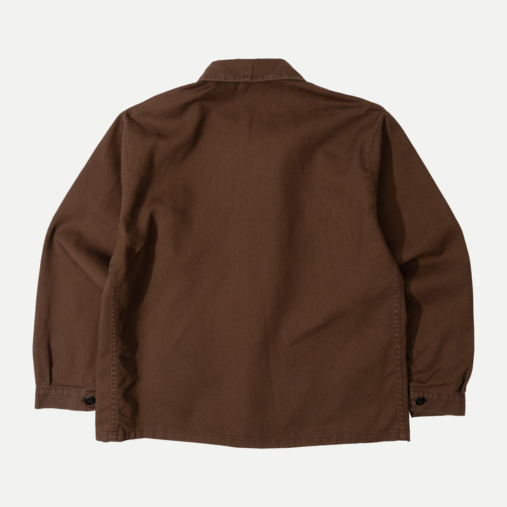 Brown utility jacket with button front and patch pockets