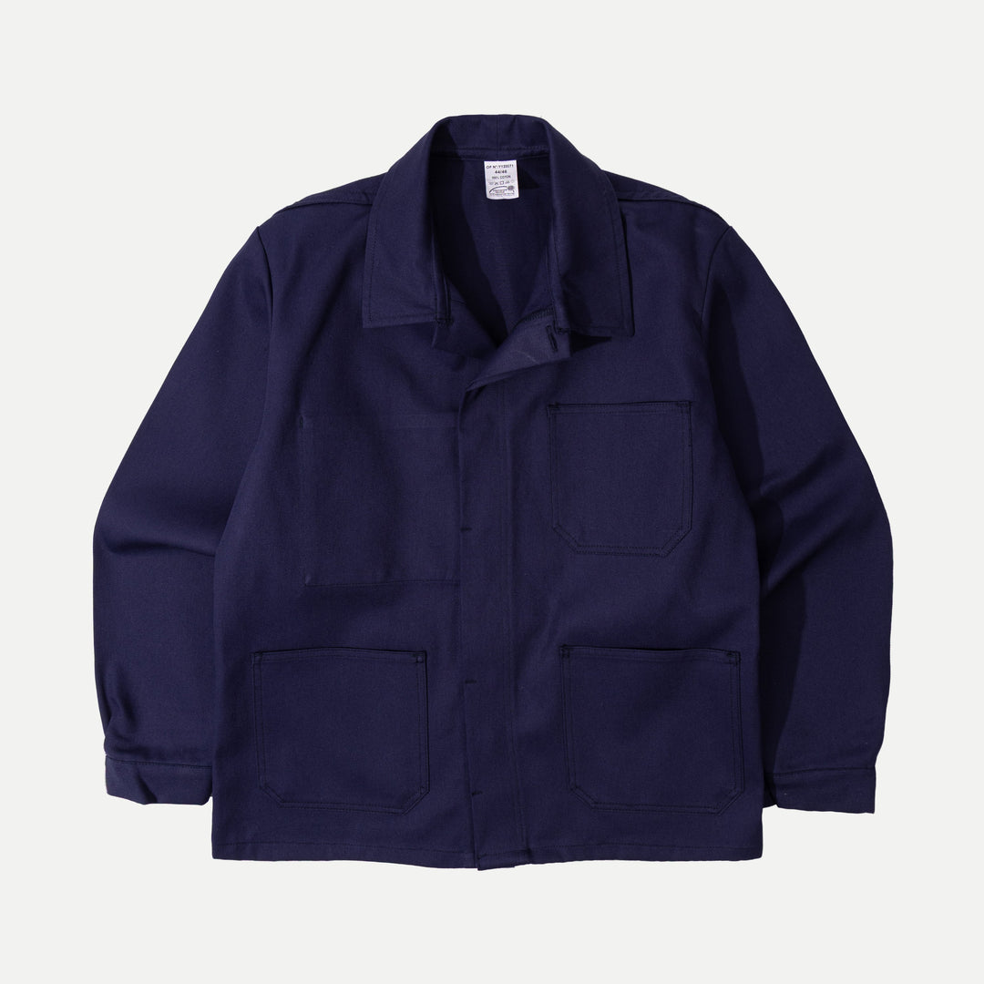 Men's navy utility jacket with point collar, button front and patch pockets