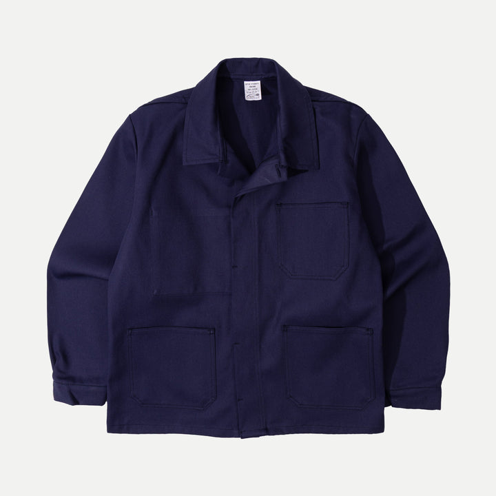 Men's navy utility jacket with point collar, button front and patch pockets