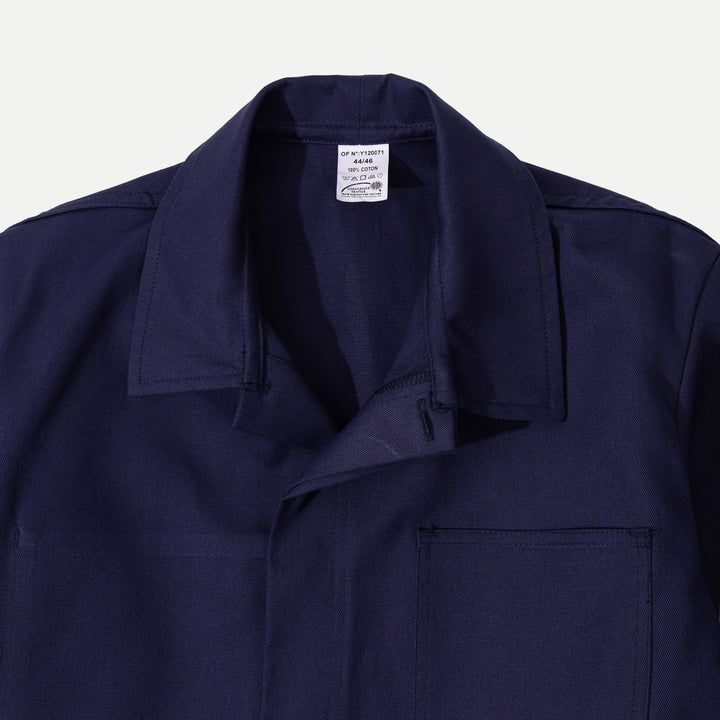 Men's navy utility jacket with point collar, button front and patch pockets
