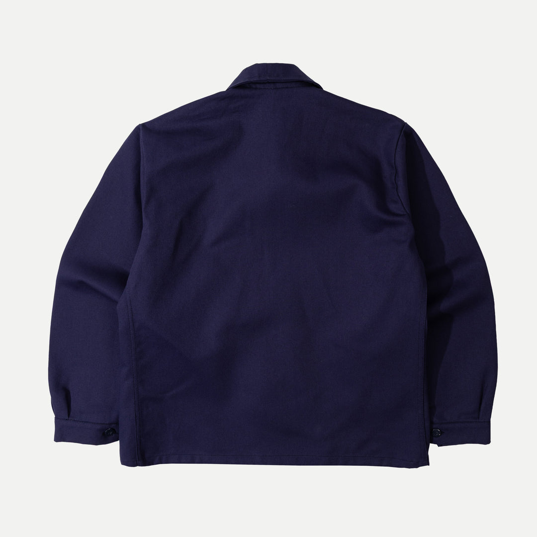 Men's navy utility jacket with point collar, button front and patch pockets