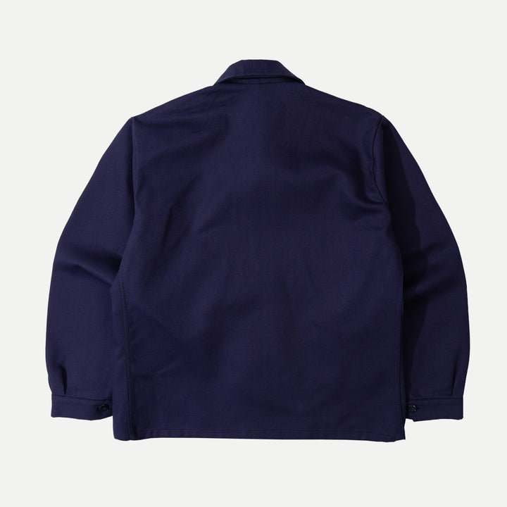 Men's navy utility jacket with point collar, button front and patch pockets