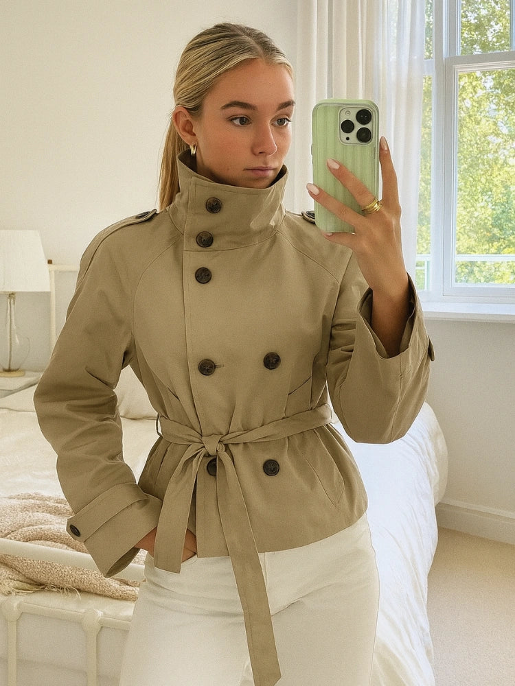 Women's beige cropped trench coat with high collar and tie belt