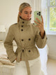Women's beige cropped trench coat with high collar and tie belt