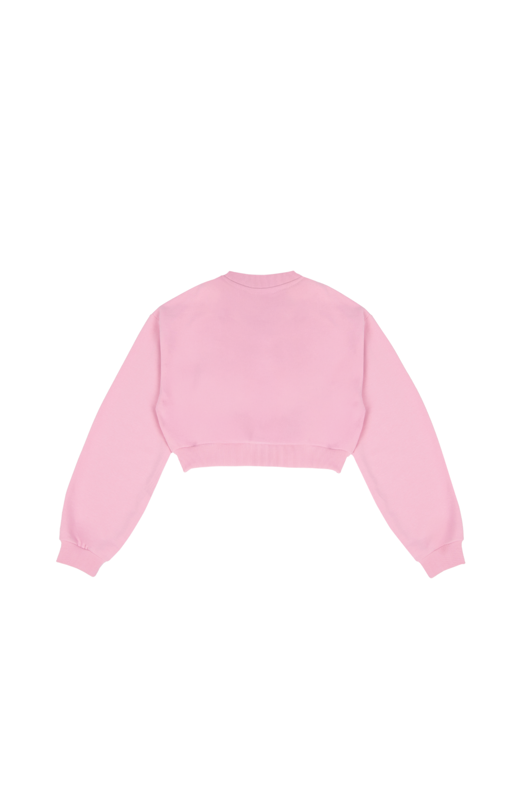 Women's pink cropped crewneck sweatshirt with long sleeves and white chest logo