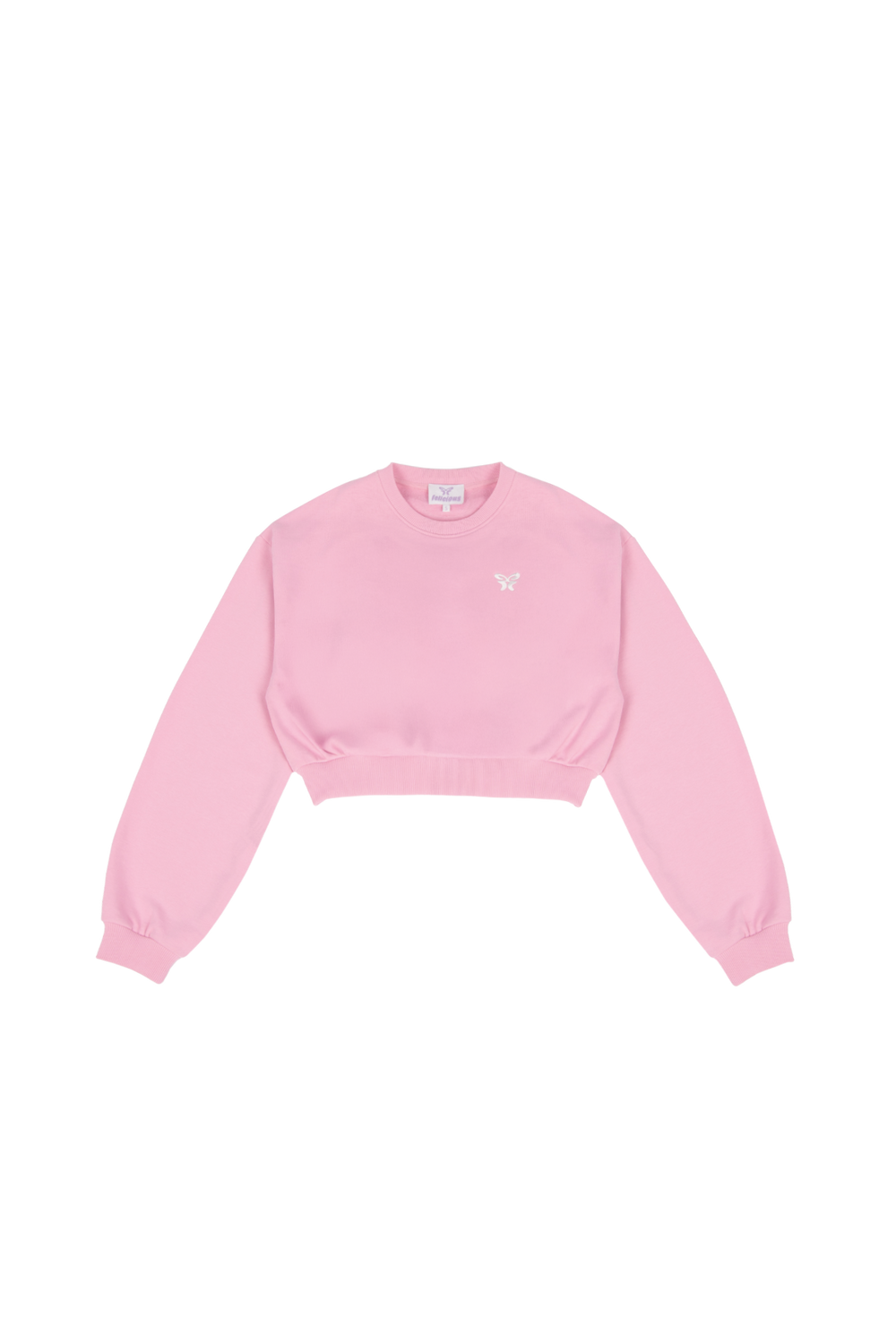 Women's pink cropped crewneck sweatshirt with long sleeves and white chest logo