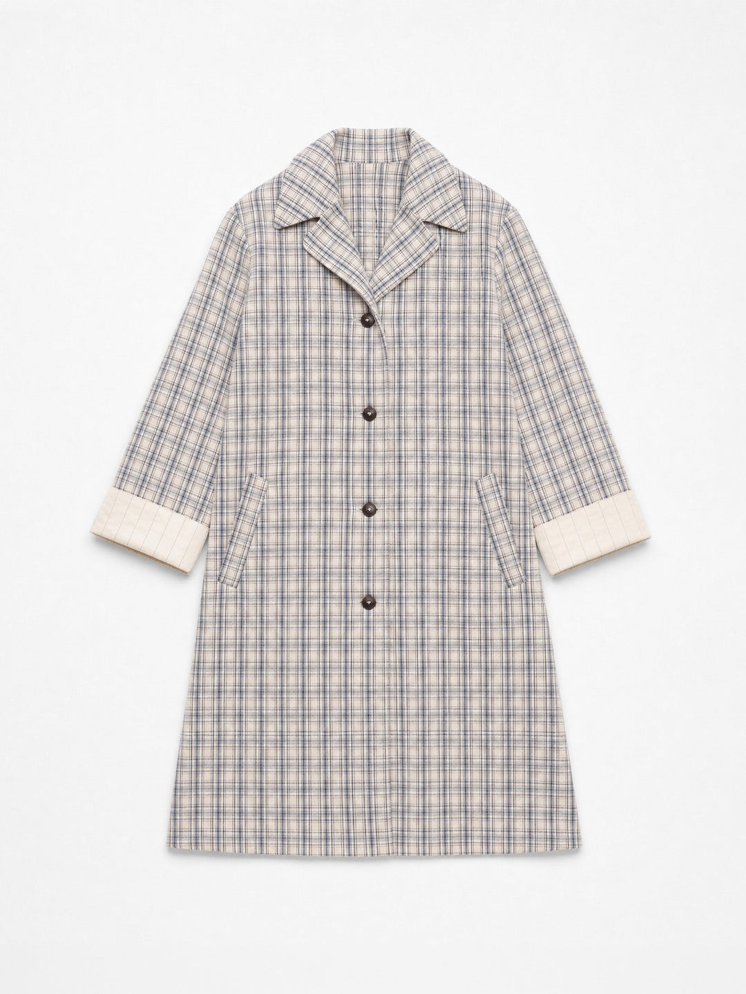 Women's light checked trench coat with long sleeves and button front