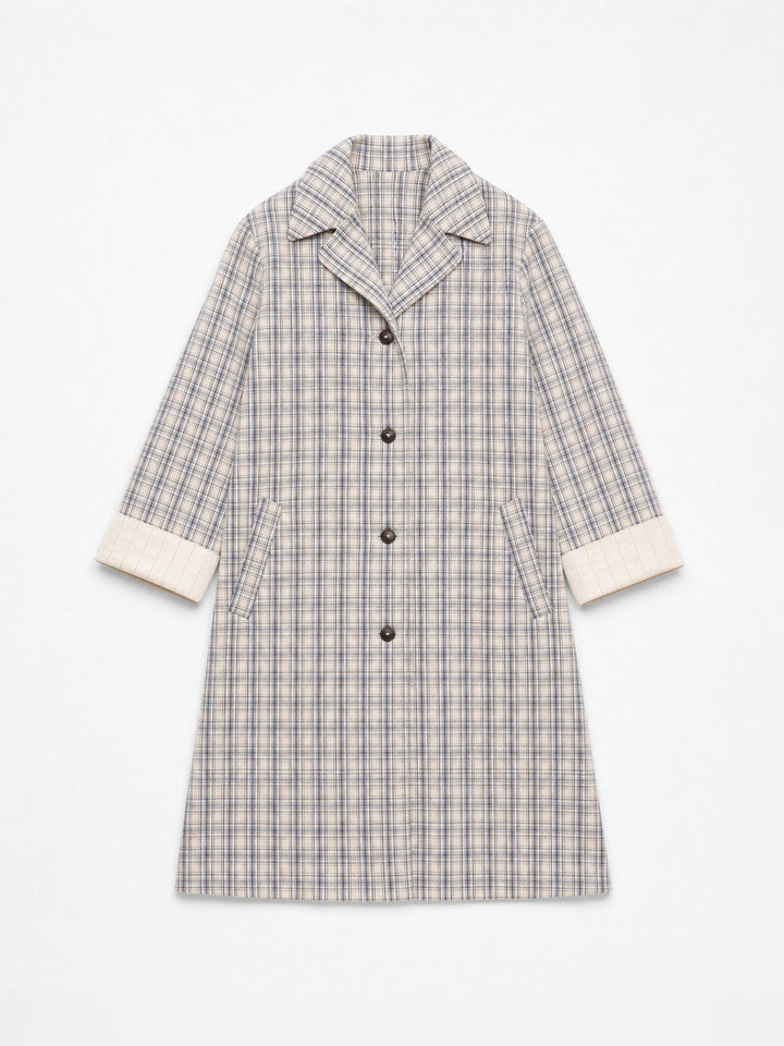 Women's light checked trench coat with long sleeves and button front