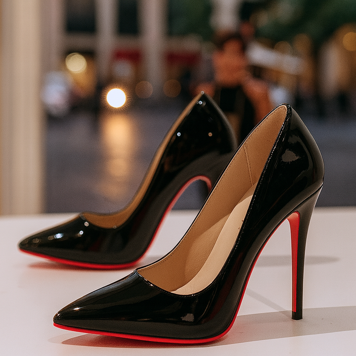 Women's black patent pointed-toe stiletto pumps with red sole