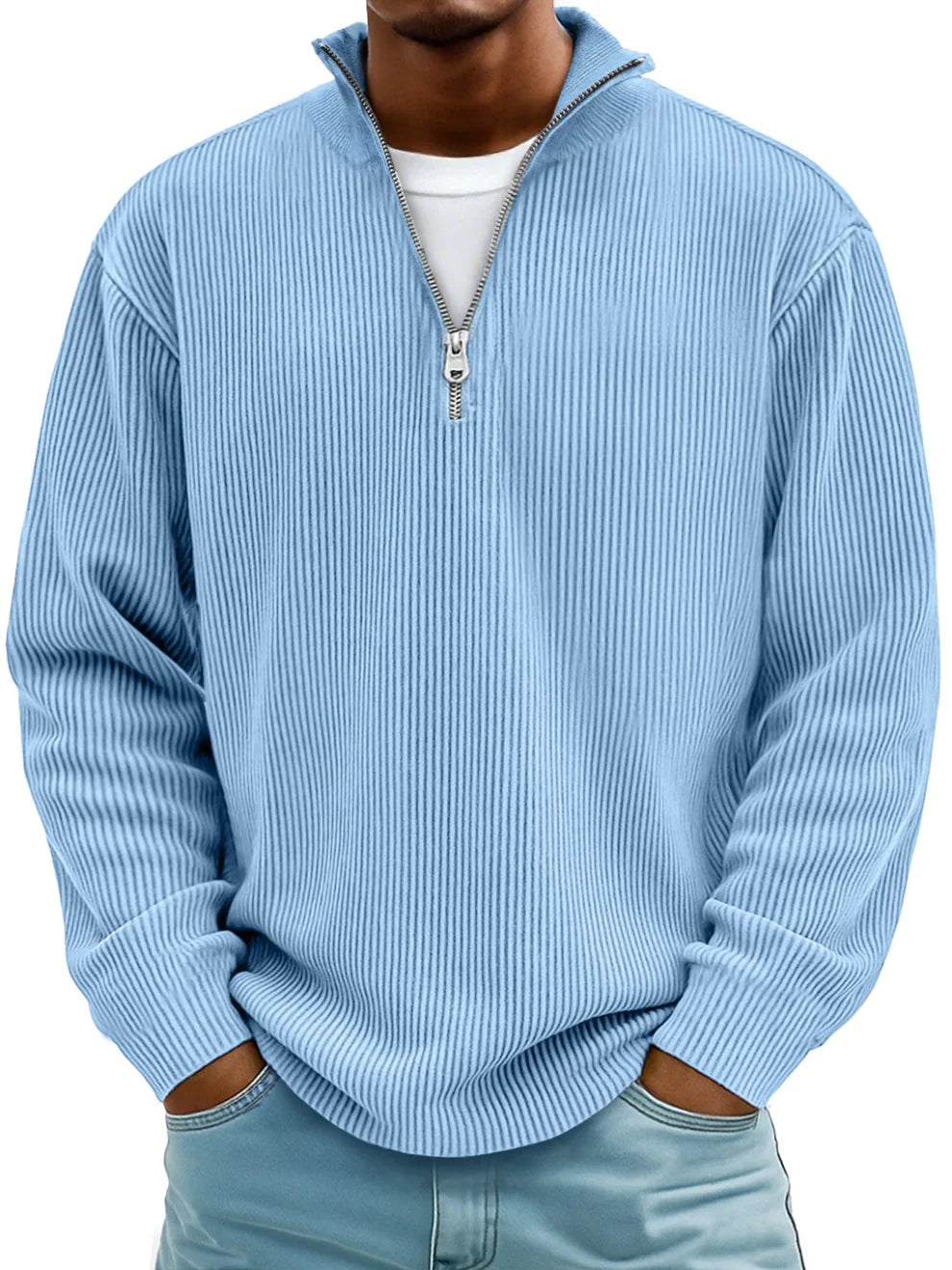 Ribbed knit sweater with half-zip front and high collar