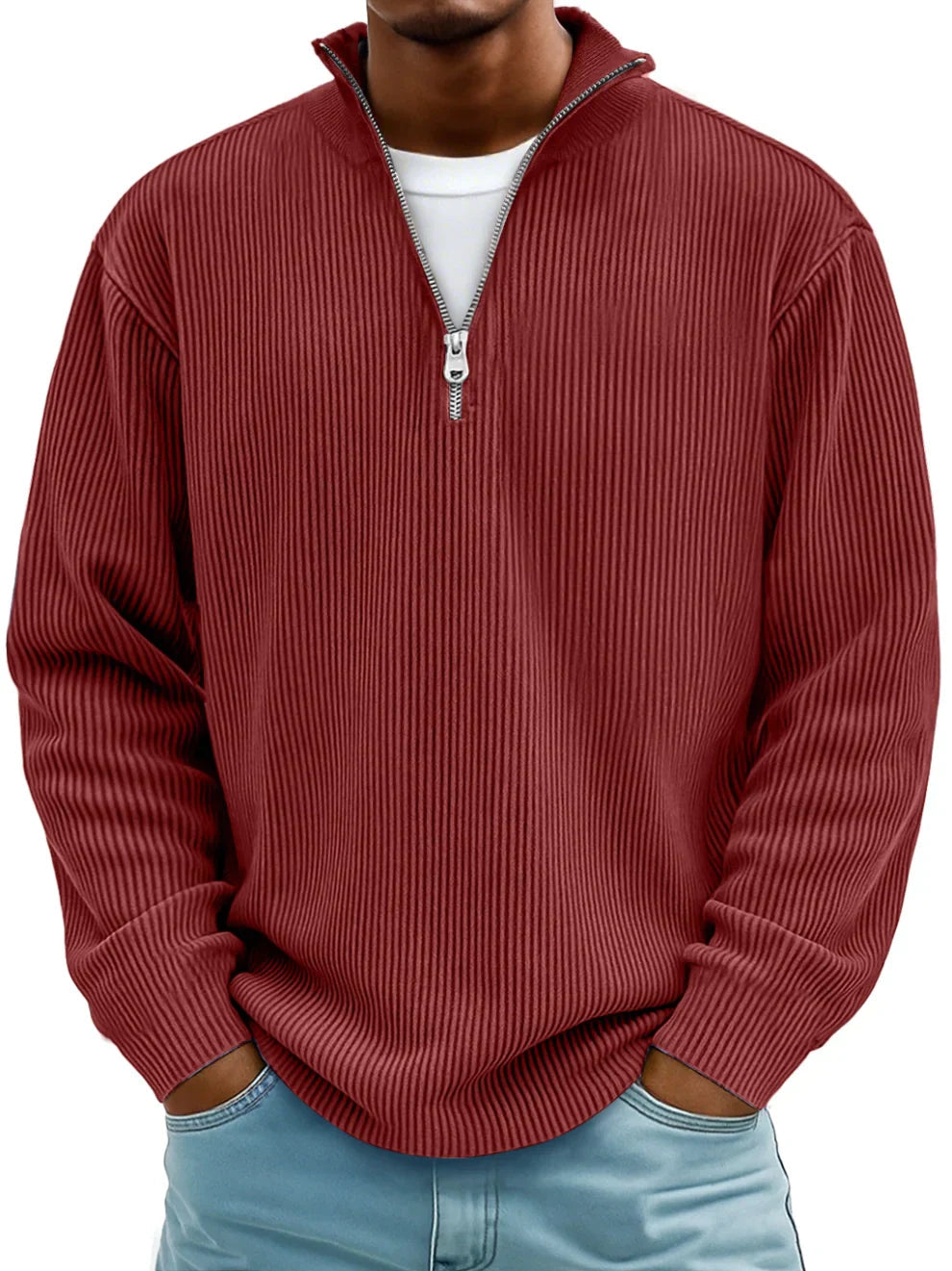Ribbed knit sweater with half-zip front and high collar