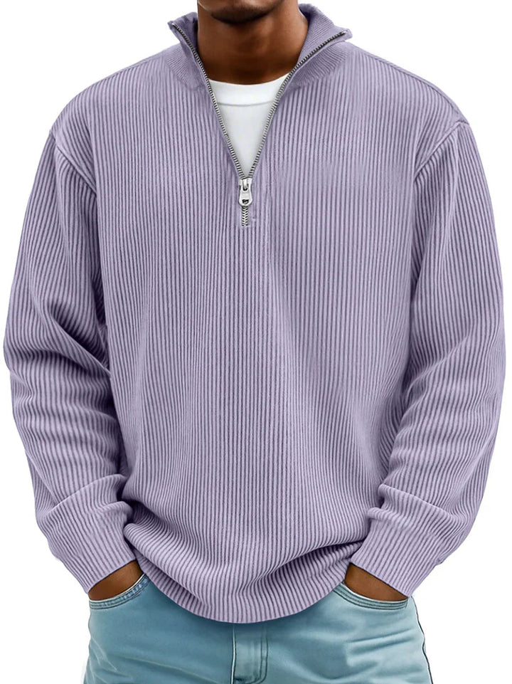 Ribbed knit sweater with half-zip front and high collar