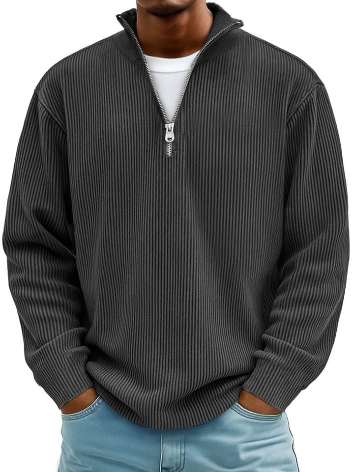 Ribbed knit sweater with half-zip front and high collar