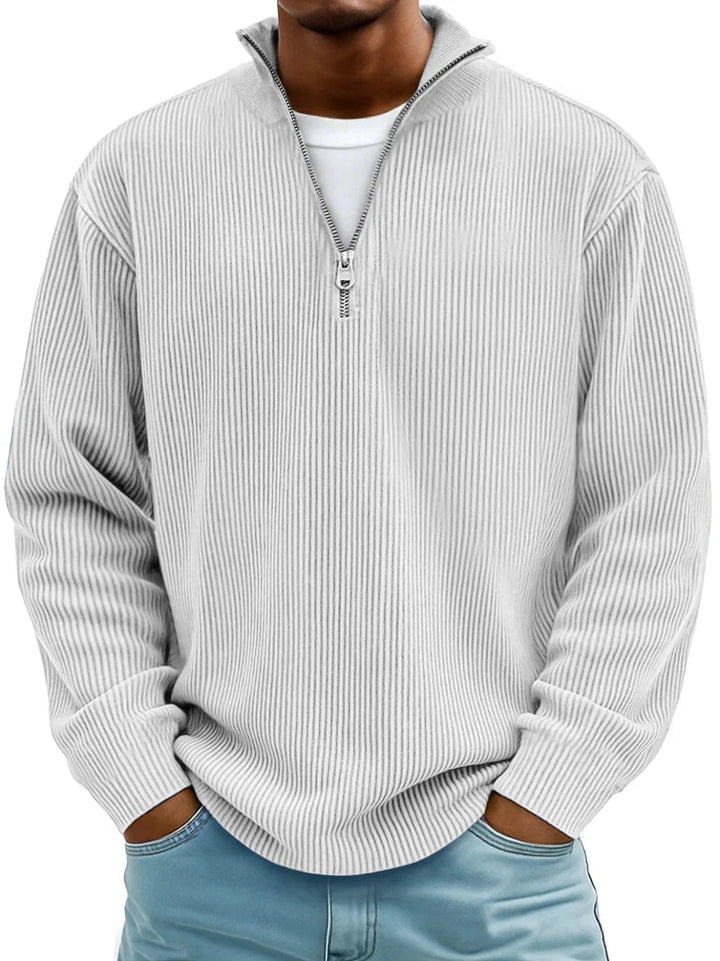 Ribbed knit sweater with half-zip front and high collar