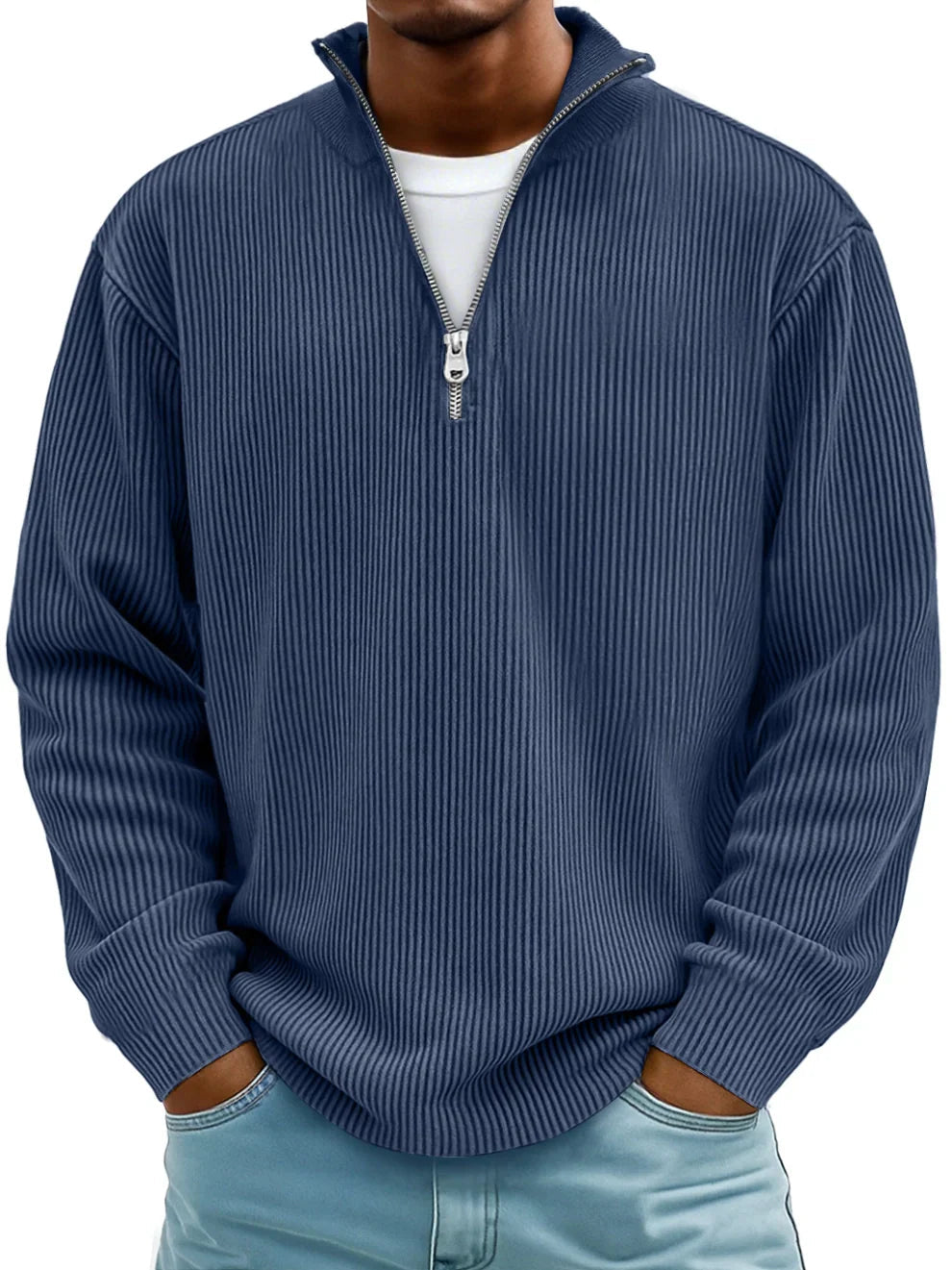 Ribbed knit sweater with half-zip front and high collar