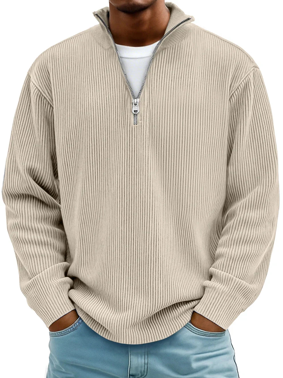 Ribbed knit sweater with half-zip front and high collar