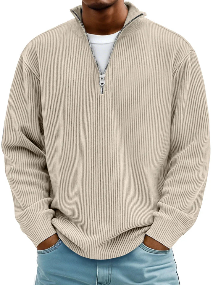 Ribbed knit sweater with half-zip front and high collar