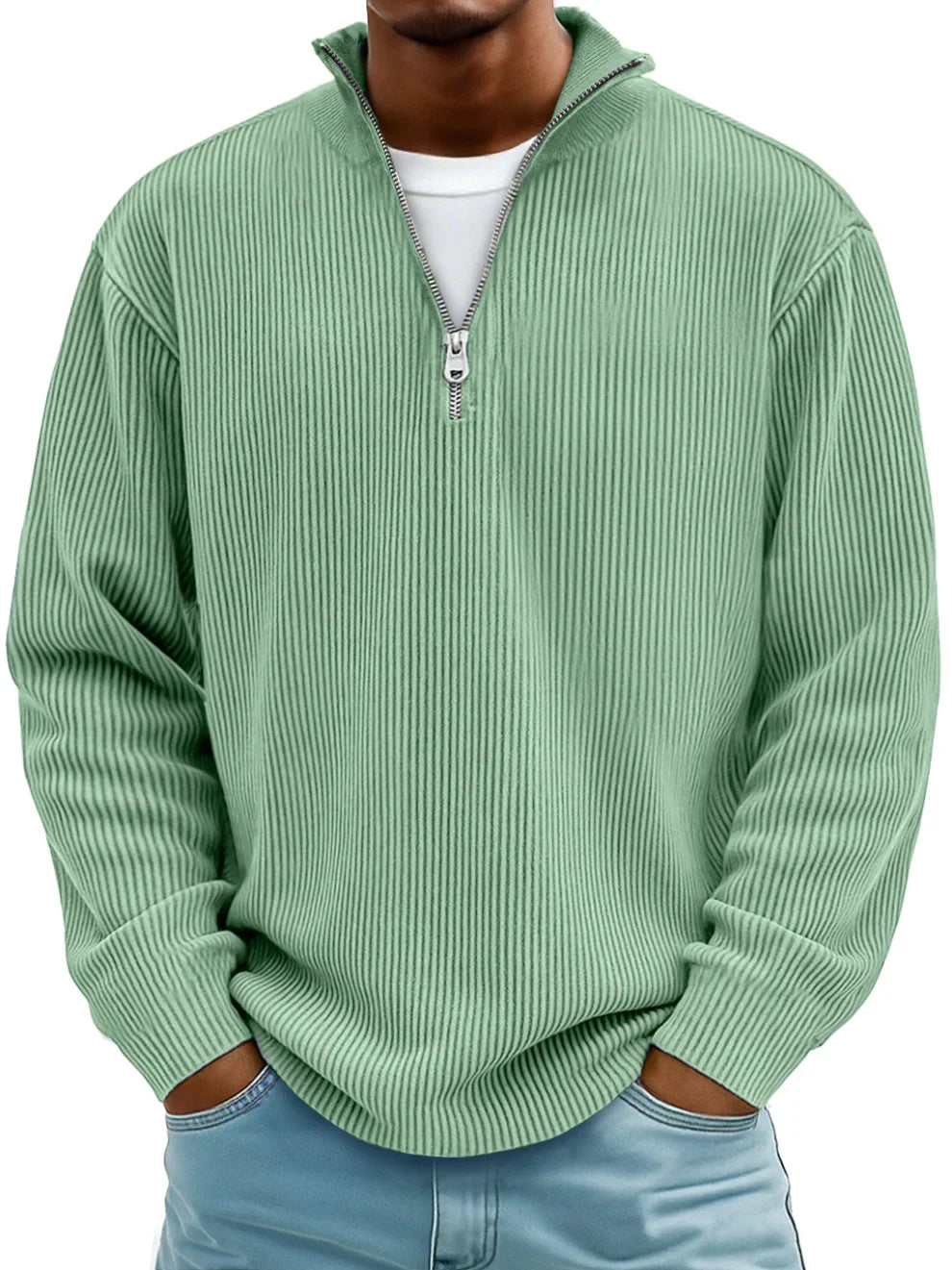 Ribbed knit sweater with half-zip front and high collar