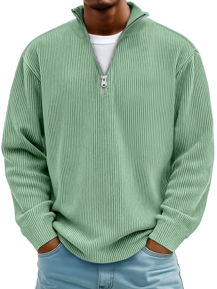 Ribbed knit sweater with half-zip front and high collar