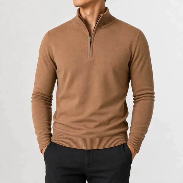 Men's long-sleeve zip-up mock neck sweater with ribbed trims