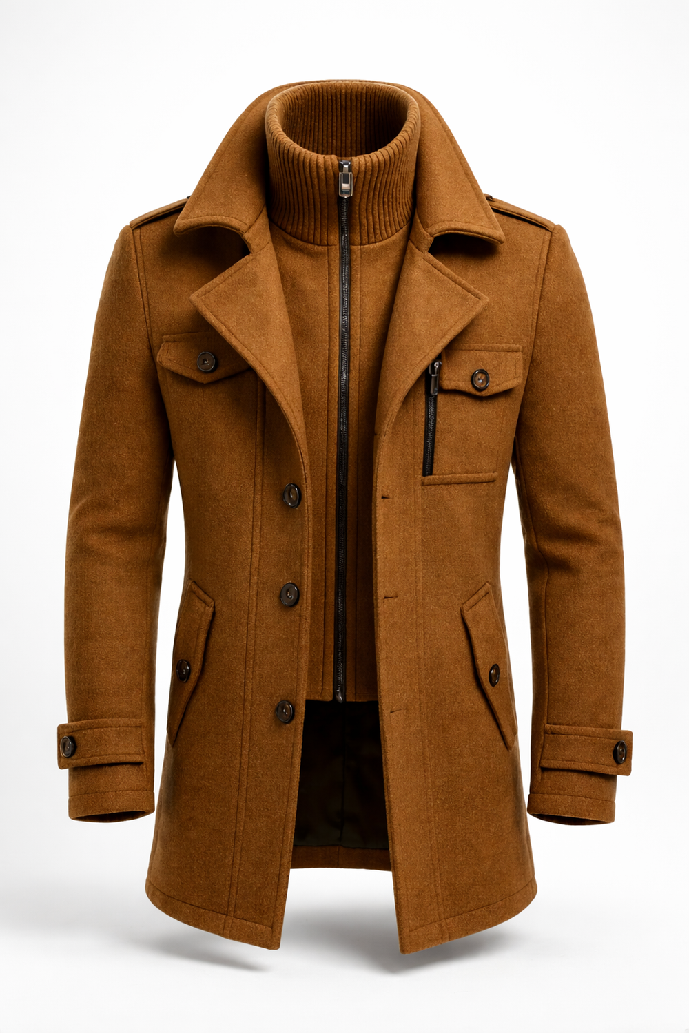 Men's long structured coat with mock neck, lapels, buttons, zipper and multiple pockets