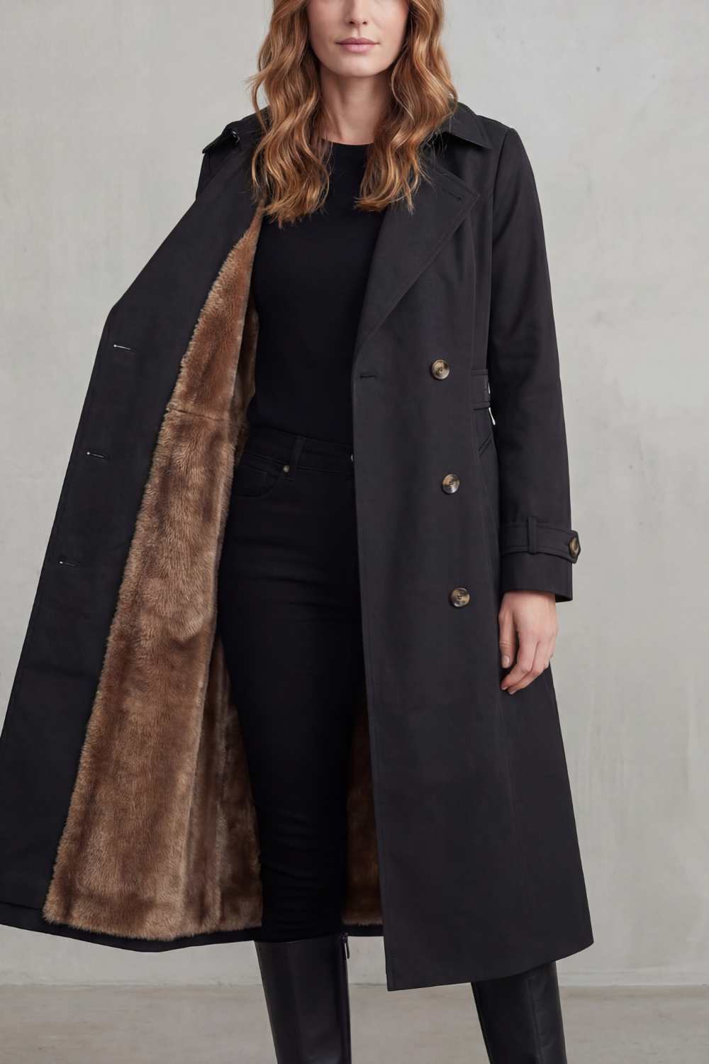 Women's long double-breasted trench coat shown open with brown faux fur lining