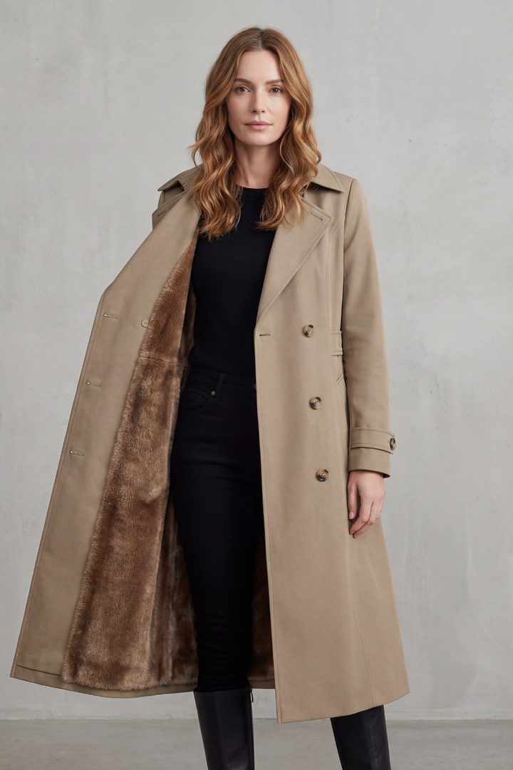 Women's long double-breasted trench coat shown open with brown faux fur lining