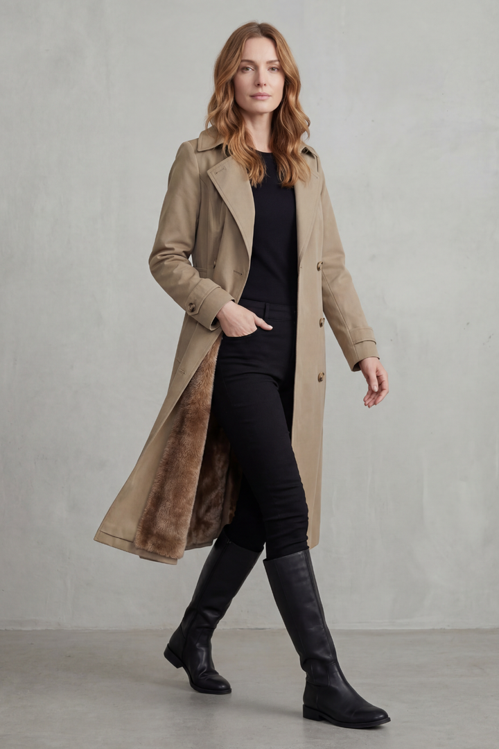Women's long double-breasted trench coat shown open with brown faux fur lining