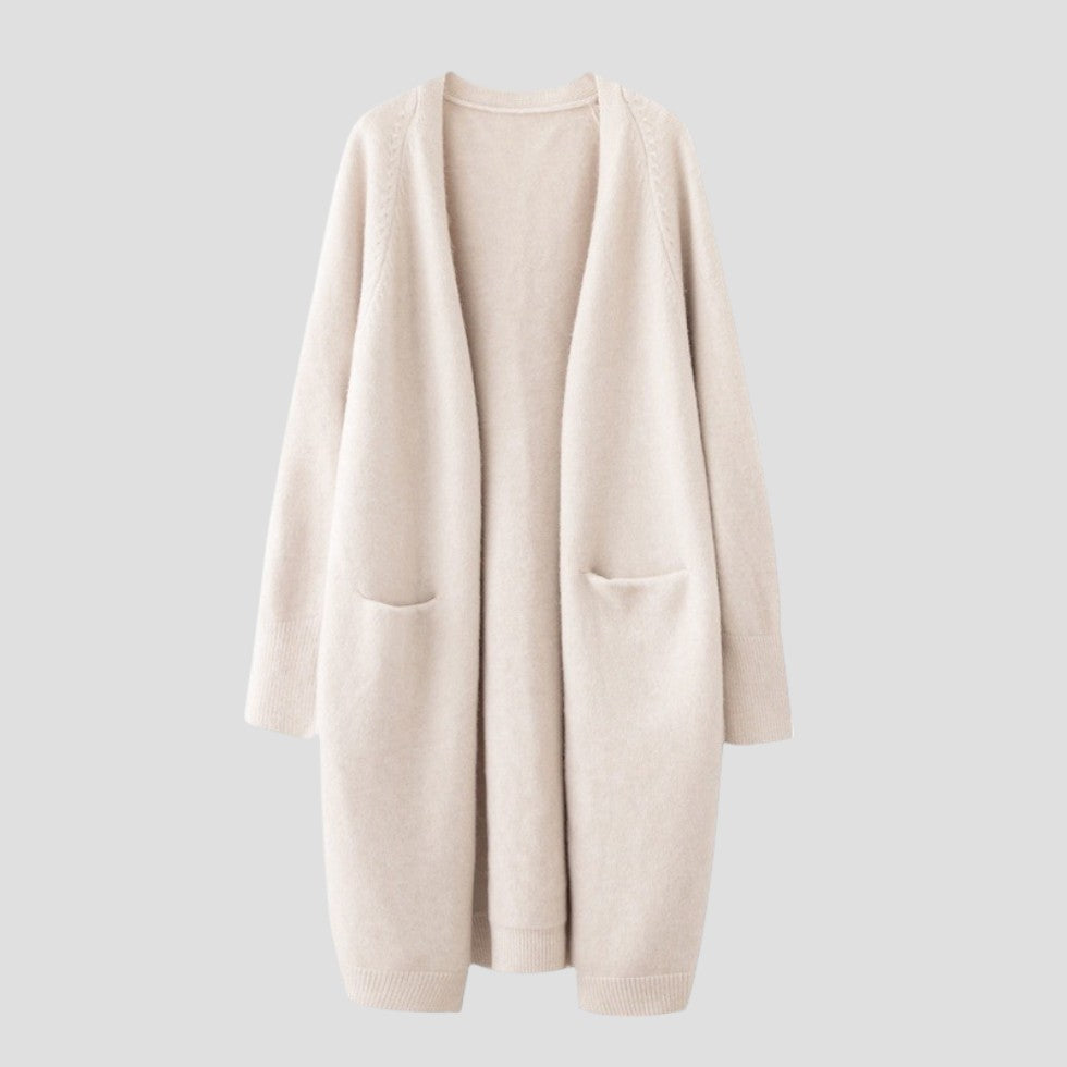 Women's longline open front cardigan with long sleeves and patch pockets
