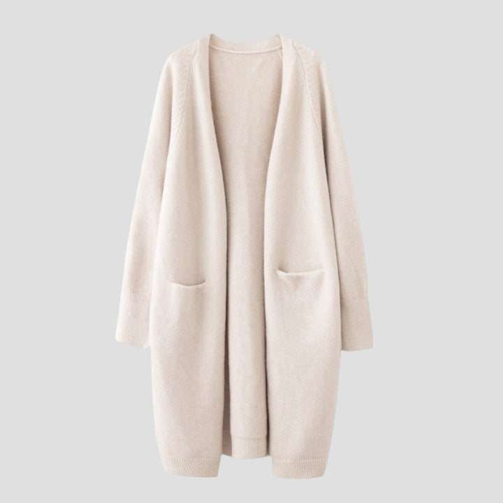 Women's longline open front cardigan with long sleeves and patch pockets