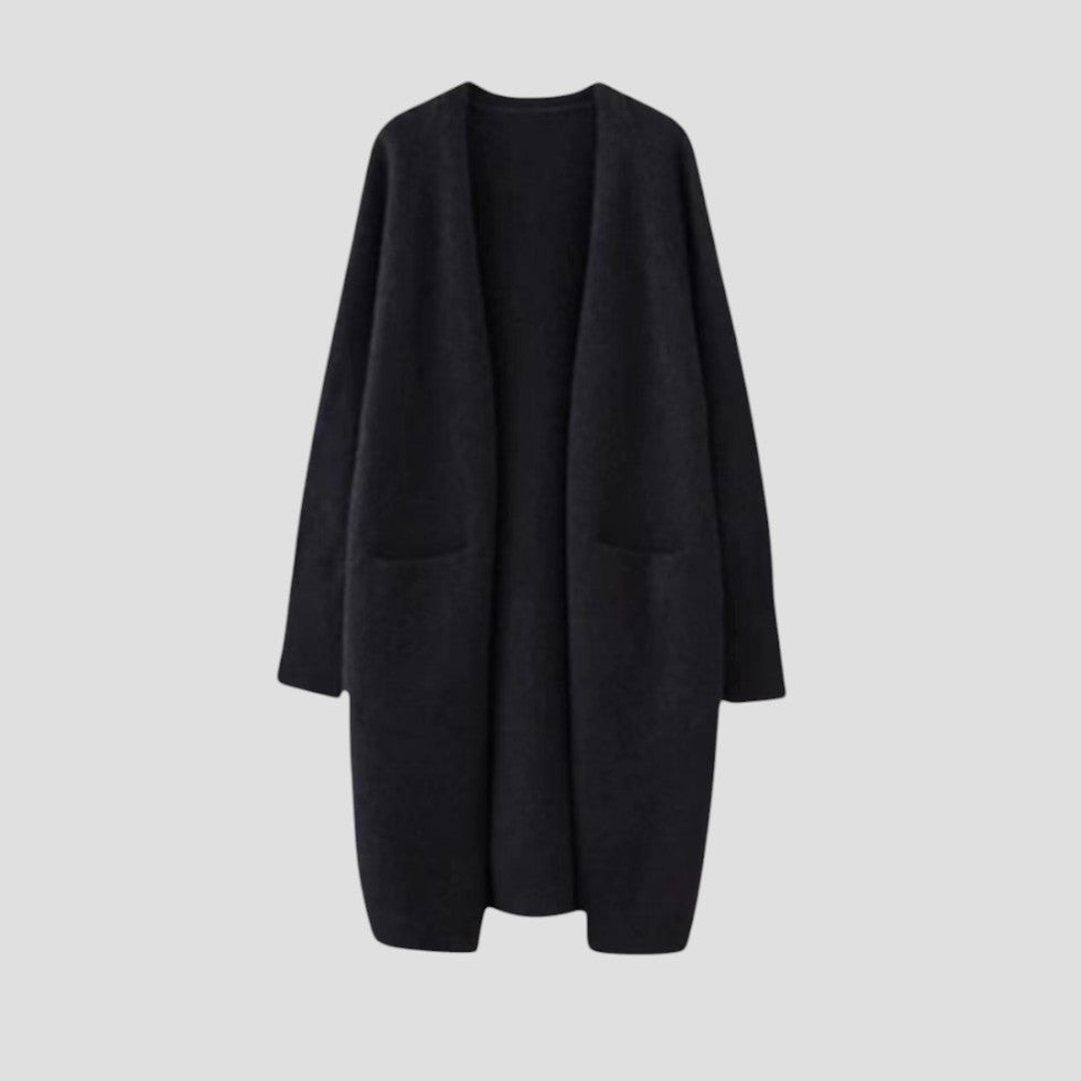 Women's longline open front cardigan with long sleeves and patch pockets