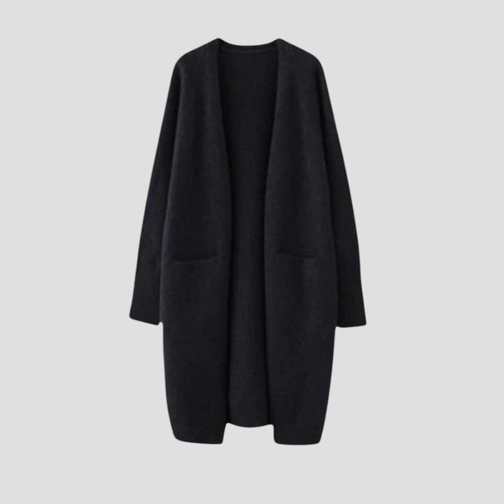 Women's longline open front cardigan with long sleeves and patch pockets