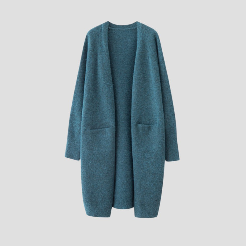Women's longline open front cardigan with long sleeves and patch pockets