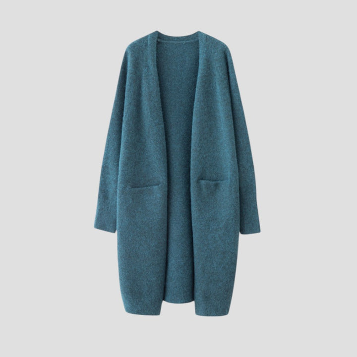Women's longline open front cardigan with long sleeves and patch pockets