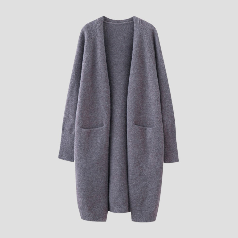 Women's longline open front cardigan with long sleeves and patch pockets