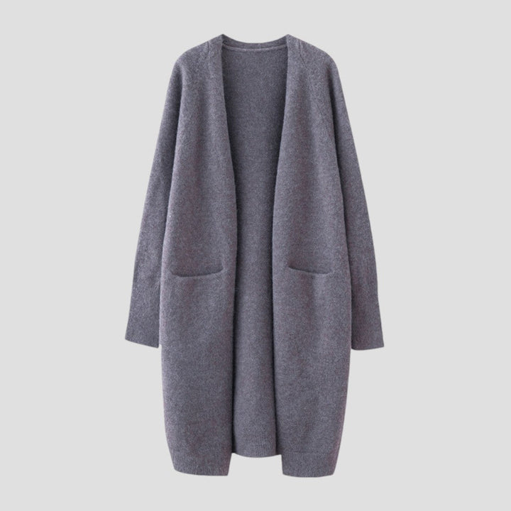 Women's longline open front cardigan with long sleeves and patch pockets