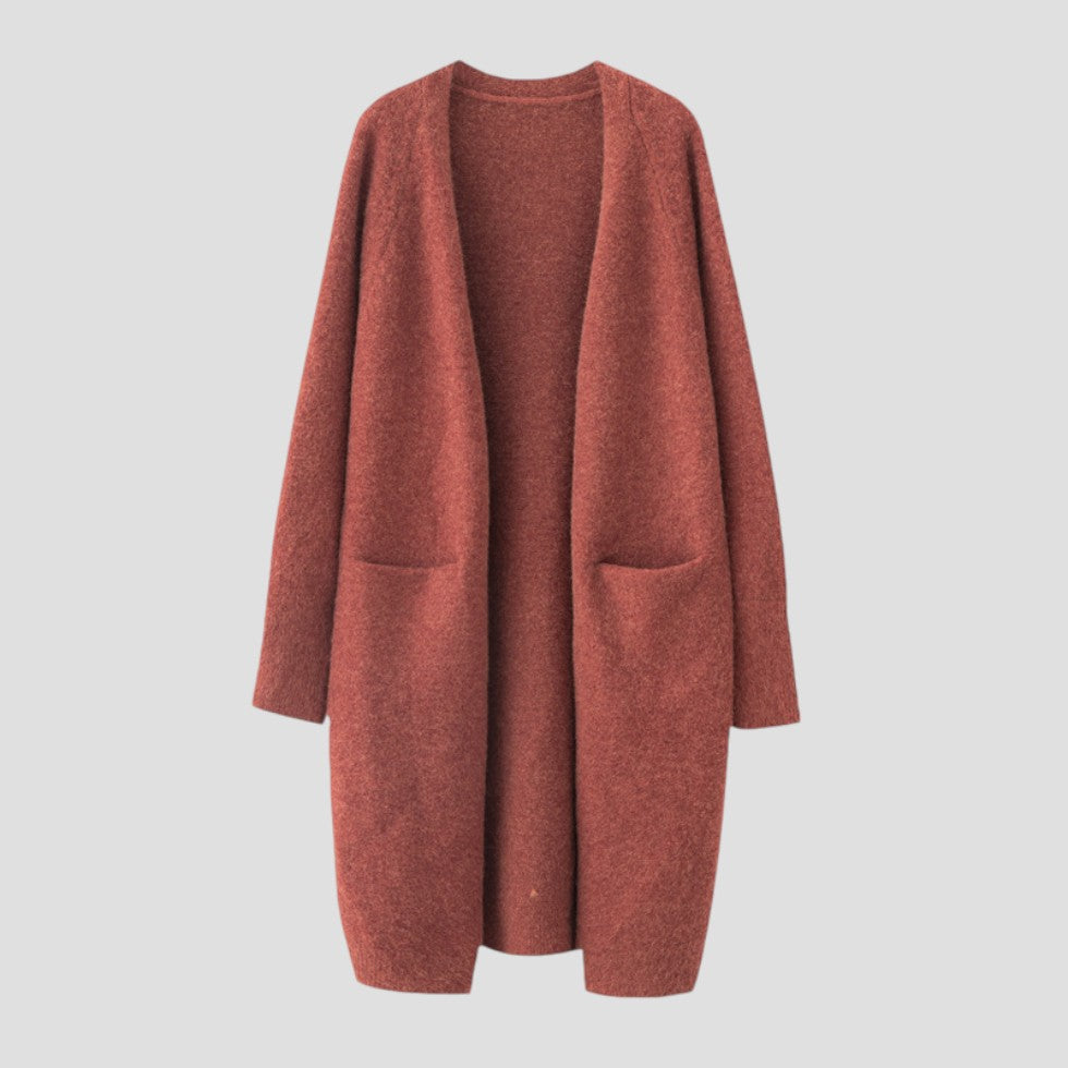 Women's longline open front cardigan with long sleeves and patch pockets