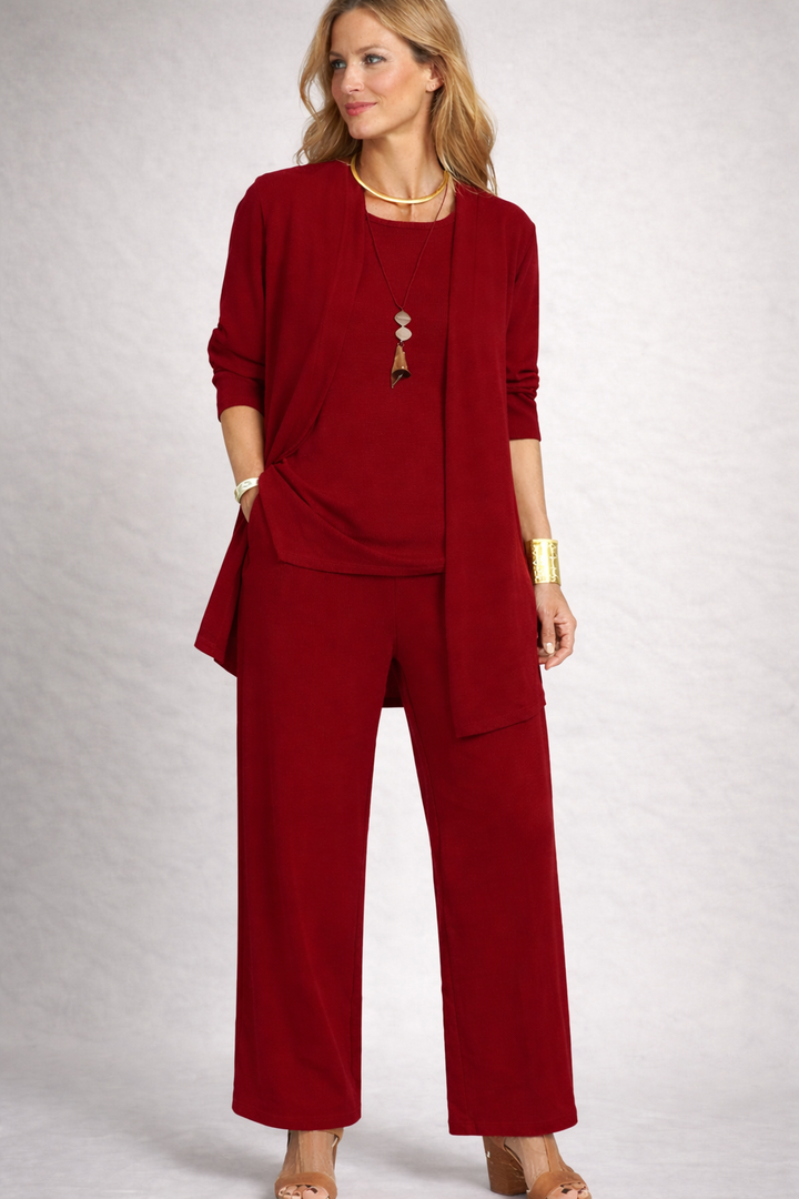 Women's three-piece lounge set with open cardigan, round-neck top and wide-leg trousers