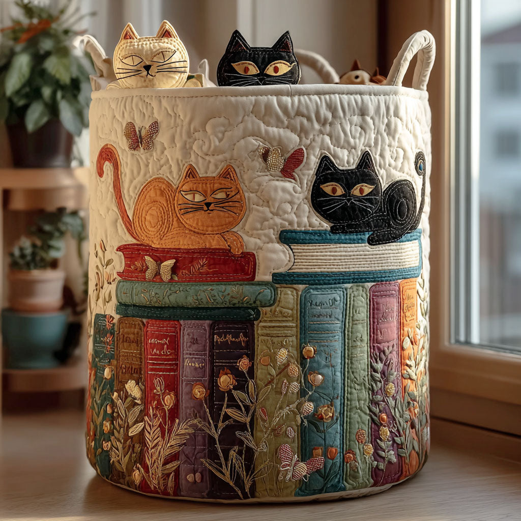 Quilted cream laundry basket with colorful cat and book illustrations