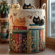 Quilted cream laundry basket with colorful cat and book illustrations