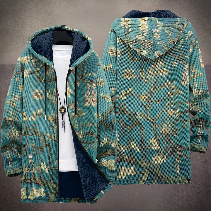 Unisex blue-green floral zip-up hoodie with hood and long sleeves