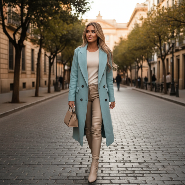 Women's longline double breasted coat with notched collar