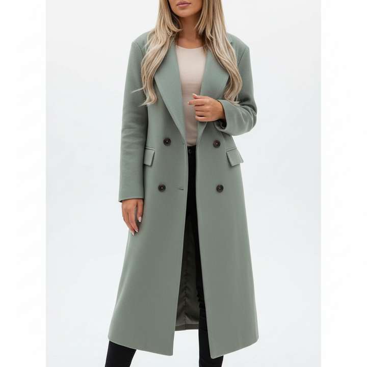 Women's longline double breasted coat with notched collar