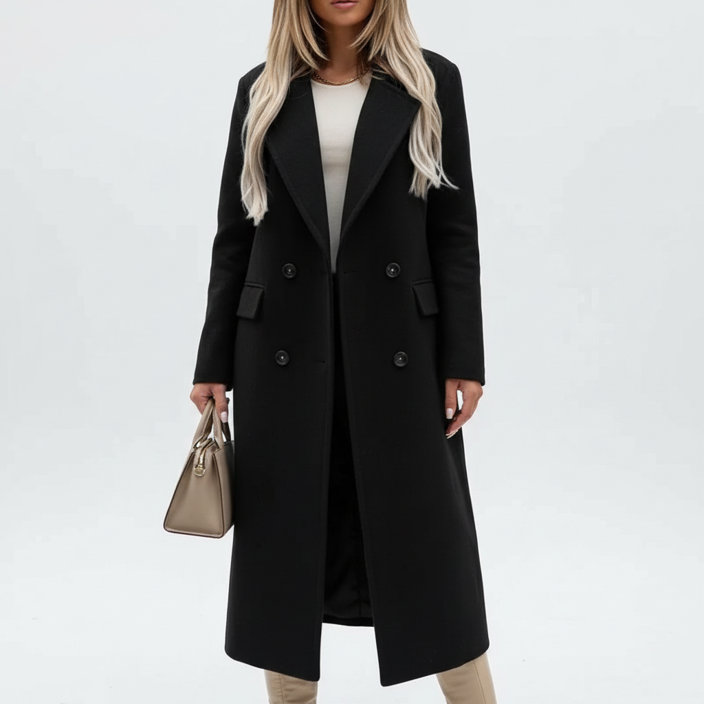 Women's longline double breasted coat with notched collar