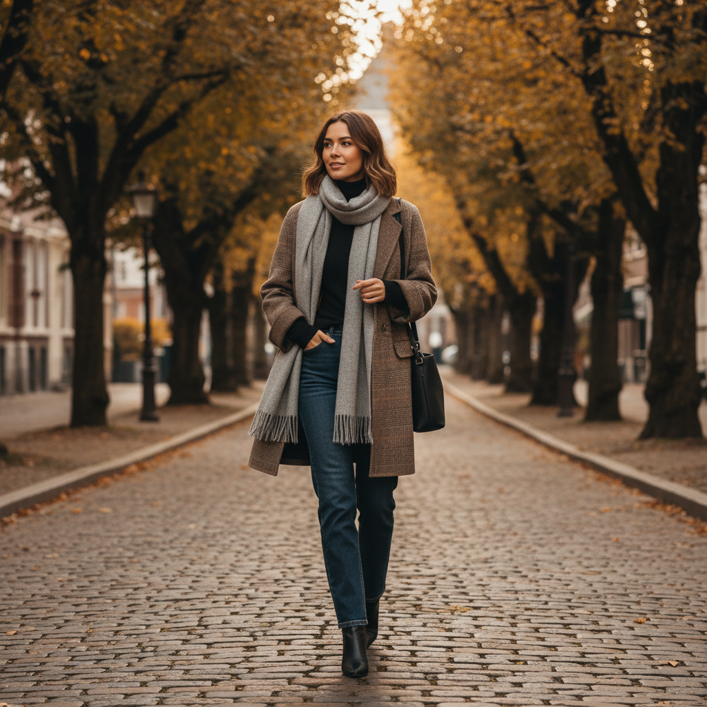 Women's checked plaid coat with notch lapel and patch pockets