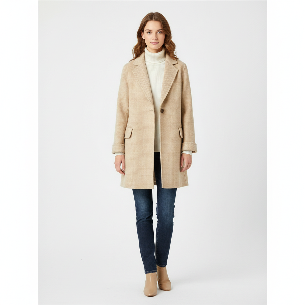 Women's checked plaid coat with notch lapel and patch pockets
